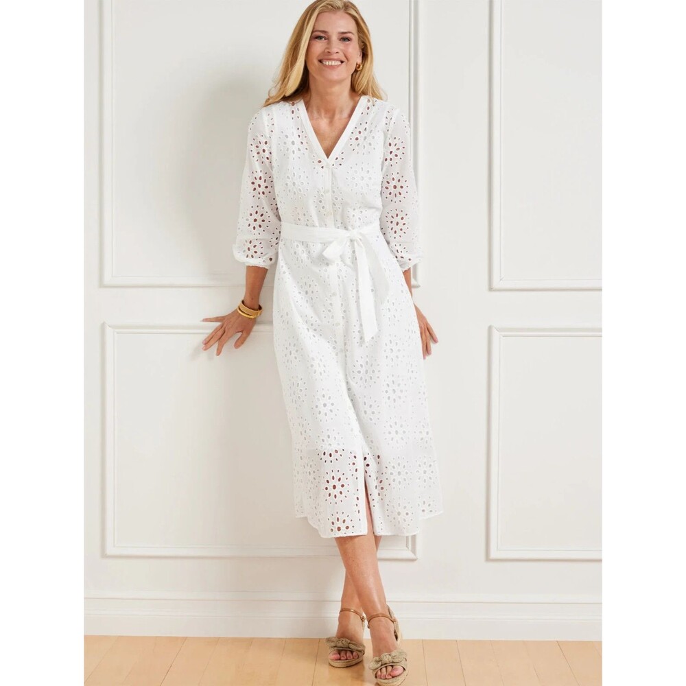 Talbots White Eyelet Medallion V-Neck Midi Belted Shirtdress Womens Size 20W NWT